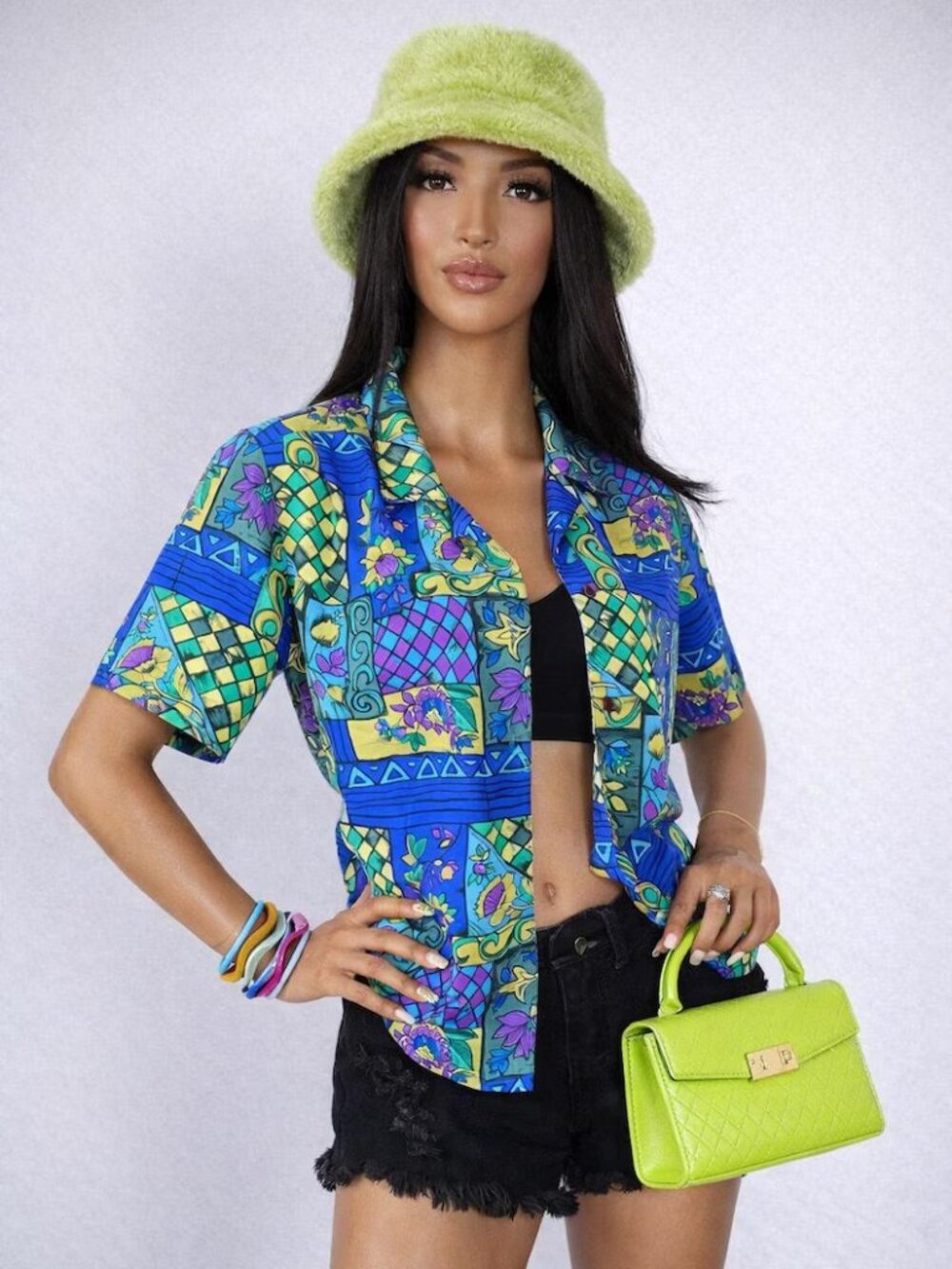 Vintage 90s Blue Art Deco Button-Up Blouse | 90s Retro Top | SMALL